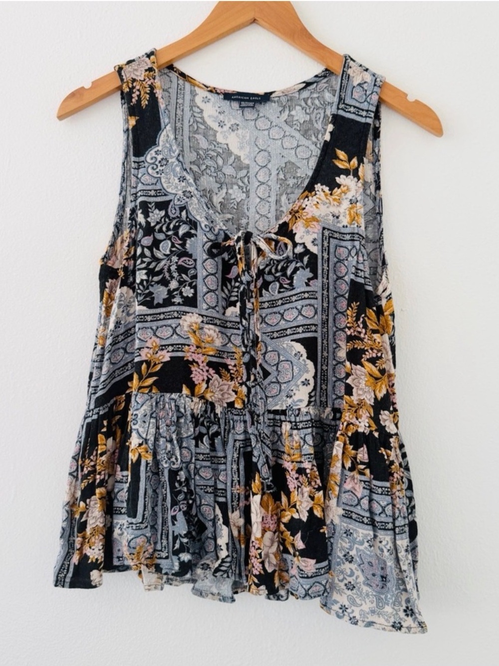 American Eagle Black Blue Yellow Floral Boho Tank Top